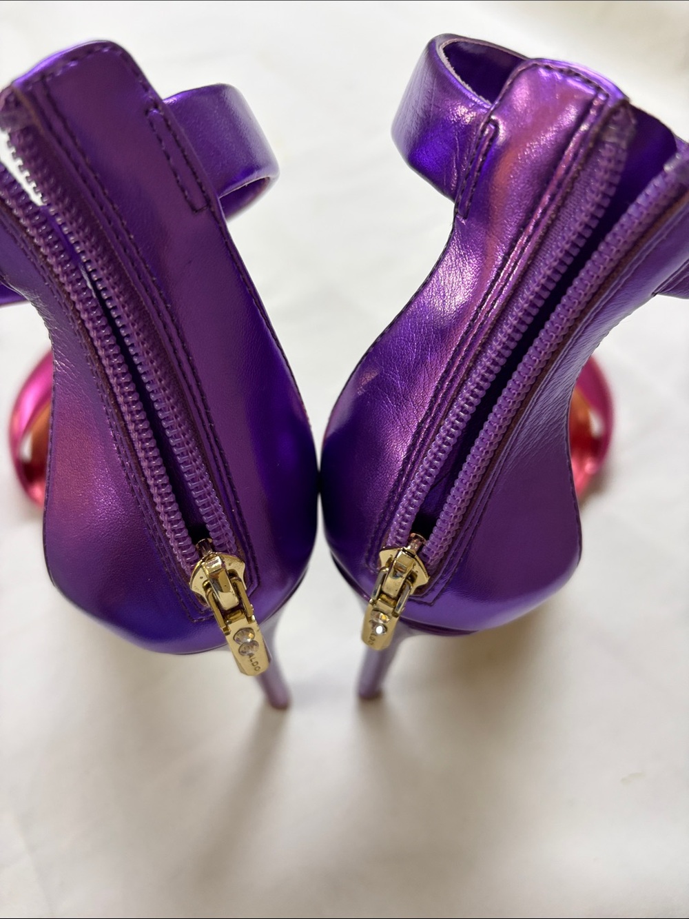 Aldo Metallic Purple and Pink Ankle-Strap Stilettos with Gold Pointed Toe Cap - Picture 8 of 10
